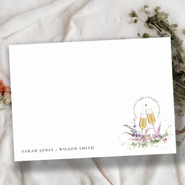 Cheers to Love Gold Wine Glasses Floral Wedding Note Card (Creator Uploaded)