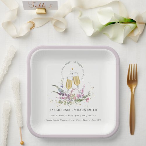 Cheers to Love Gold Wine Glasses Floral Wedding Paper Plates