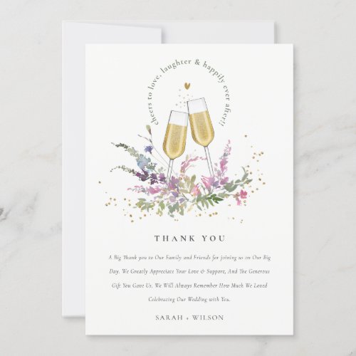 Cheers to Love Gold Wine Glasses Floral Wedding Thank You Card