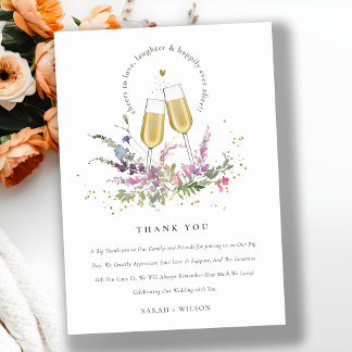 Cheers to Love Gold Wine Glasses Floral Wedding Thank You Card