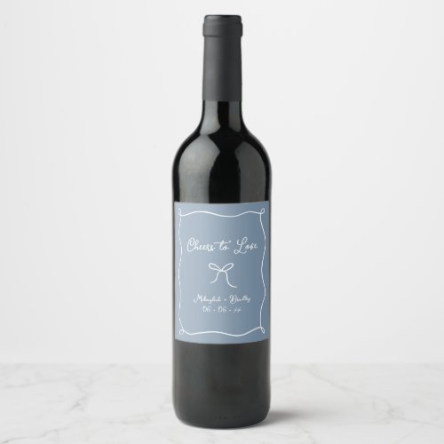 Cheers to Love Hand Drawn Bow Dusty Blue Wine Label