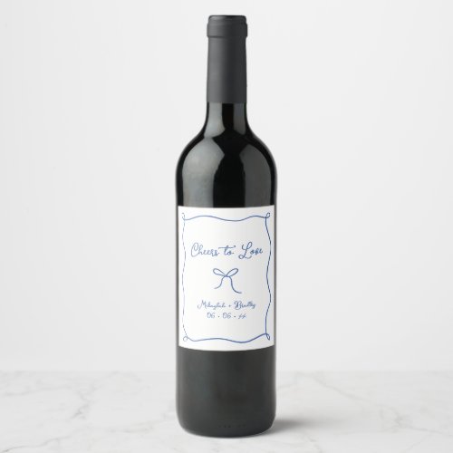Cheers to Love Hand Drawn Bow French Blue  Wine Label