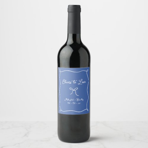 Cheers to Love Hand Drawn Bow French Blue  Wine Label