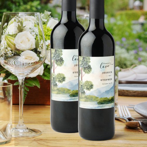 Cheers to Love Lake Evergreen Watercolor Wedding Wine Label