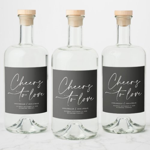 Cheers to love modern black minimal script wedding liquor bottle label
