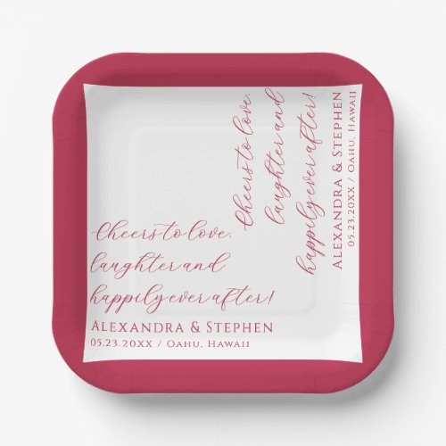 Cheers to Love Modern Chic Script Viva Magenta Paper Plates