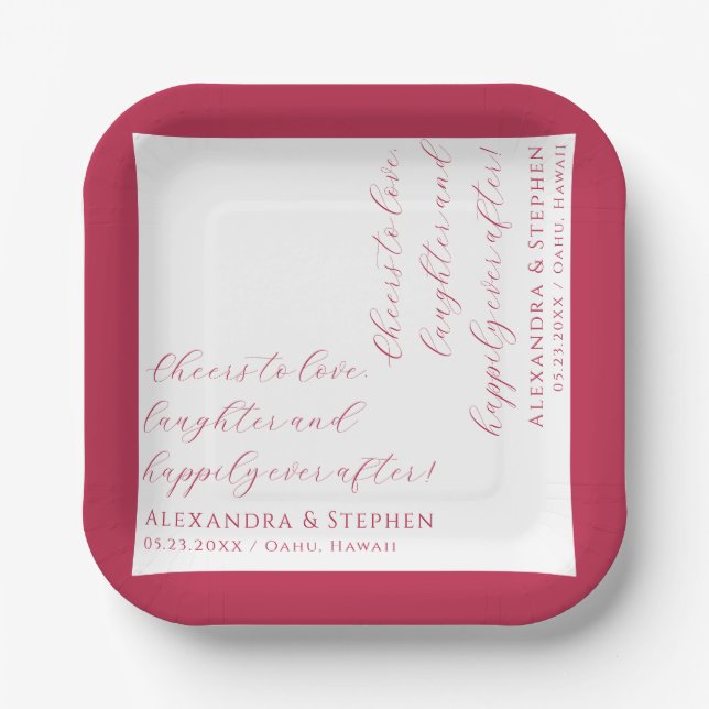 Cheers to Love Modern Chic Script Viva Magenta Paper Plates (Front)