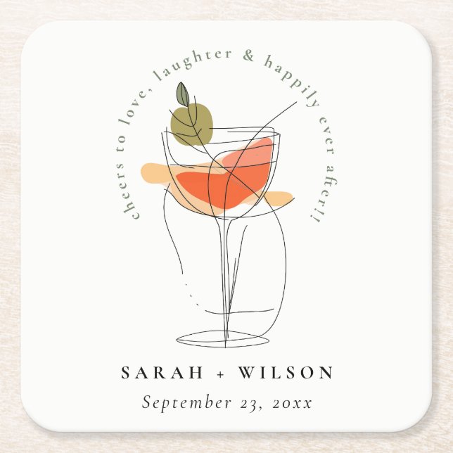 Cheers to Love Modern Cocktail Wine Wedding Square Paper Coaster (Front)