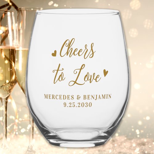 Cheers To Love Modern Elegant Gold Hearts Wedding Stemless Wine Glass