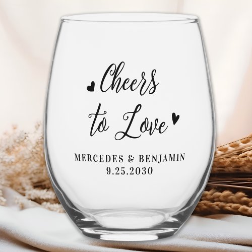 Cheers To Love Modern Elegant Hearts Wedding Favor Stemless Wine Glass