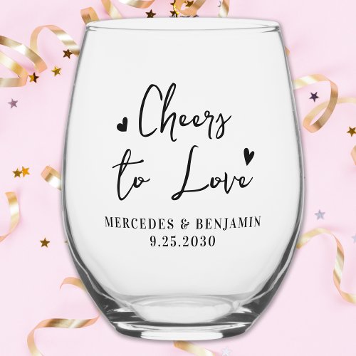 Cheers To Love Modern Minimal Chic Hearts Wedding Stemless Wine Glass