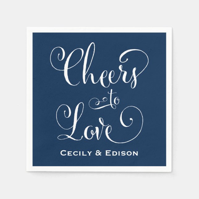 Cheers to Love Navy Blue Wedding Monogram Napkins (Front)