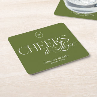 Cheers to Love Olive Green Wedding Square Paper Coaster