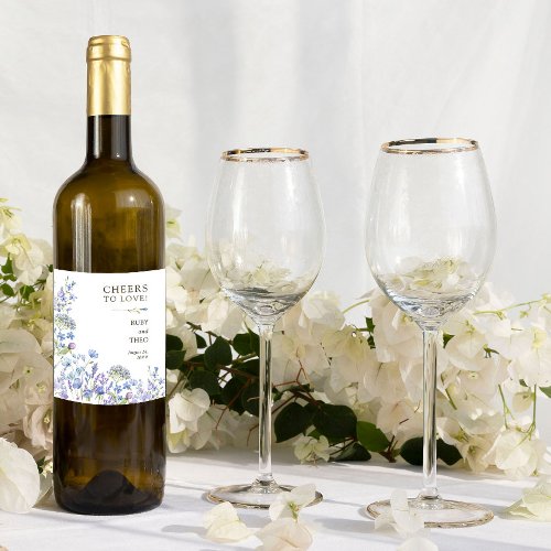 Cheers to Love Periwinkle Wildflower Wedding Wine Label