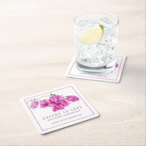 Cheers to love pink Bougainvillea tropical wedding Square Paper Coaster