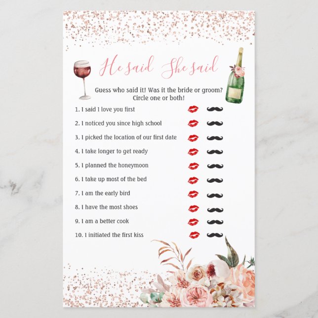 Cheers to Love Pink Bridal Shower He Said She Said (Front)