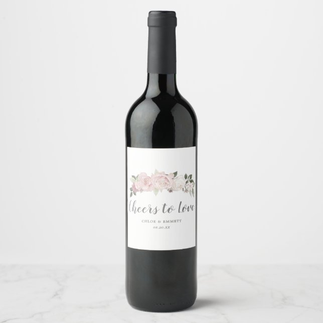 Cheers to Love Pink White Floral Wine Label (Front)