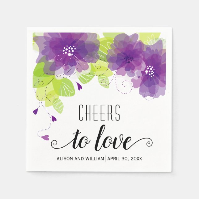 Cheers to Love, purple flowers, floral wedding Napkins (Front)