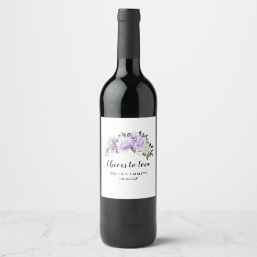 Cheers to Love Purple White Floral Wine Label