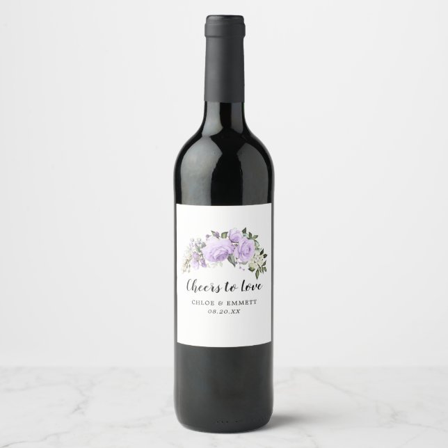 Cheers to Love Purple White Floral Wine Label (Front)