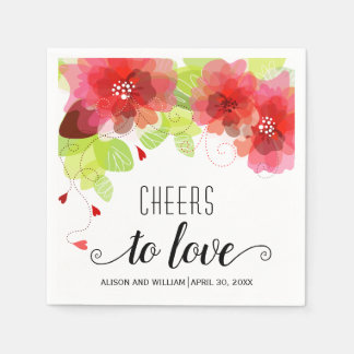 Cheers to Love, red flowers, floral wedding Napkins