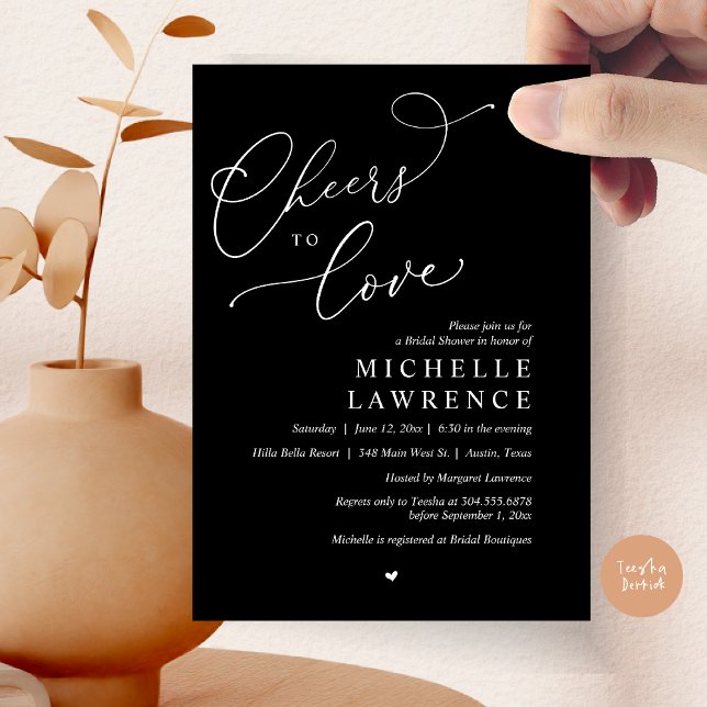 Cheers to love, Romantic Bridal Shower Party Invitation (Cheers to love, Romantic Bridal Shower Party Invitation Card, PDF, in Classy Black)