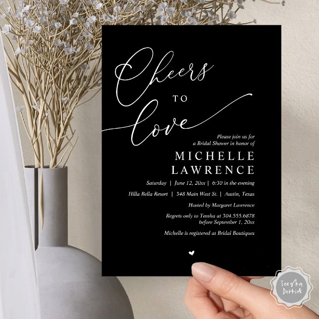 Cheers to love, Romantic Bridal Shower Party Invitation (Cheers to love, Romantic Bridal Shower Party Invitation Card, PDF, in Classy Black)