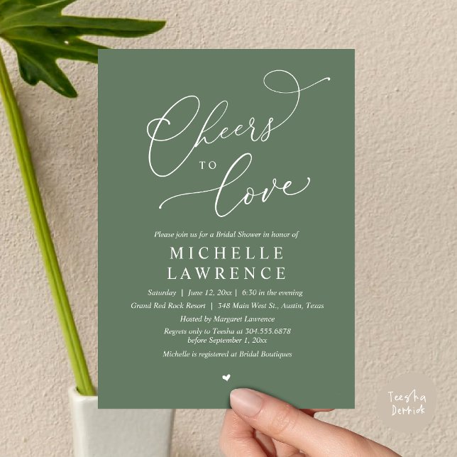 Cheers to love, Romantic Bridal Shower Party Invitation (Cheers to love, Romantic Bridal Shower Party Dinner Wine Cocktail Invitation Card, PDF Greenery Sage)