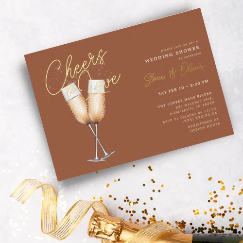 Cheers to Love Rust Terracotta Bridal Shower Gold Foil Invitation