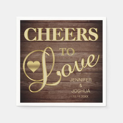 CHEERS TO LOVE Rustic Barnwood Heart Gold Wedding Napkins