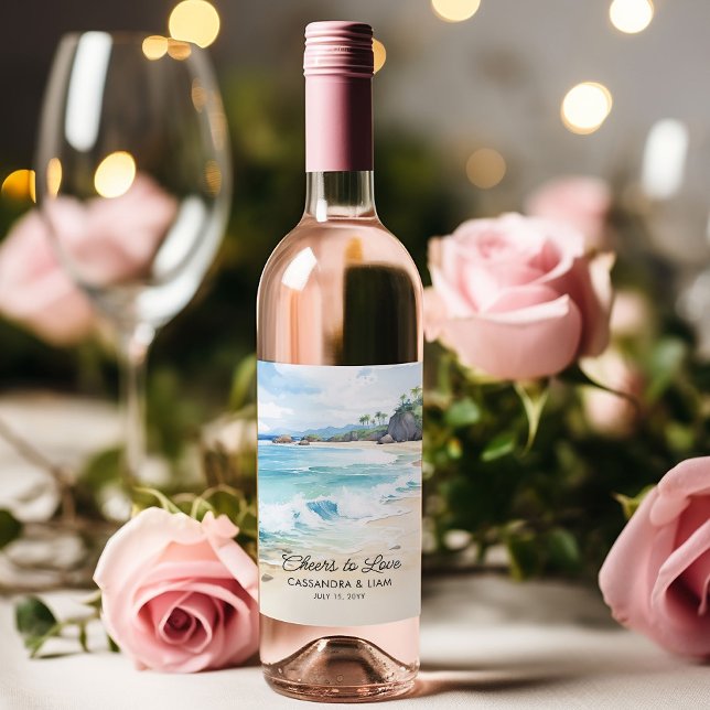 Cheers to Love Summer Beach Themed Wedding Wine Label (Wedding wine bottle labels from the Summer Beach Wedding Collection by Darling & May)