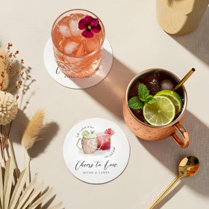 Cheers to Love Watercolor Cocktail Drinks Wedding Round Paper Coaster