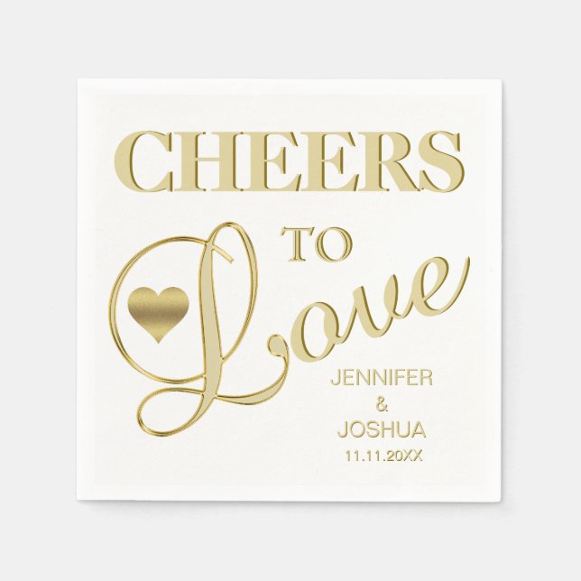 CHEERS TO LOVE White Heart Gold Wedding Napkins (Front)