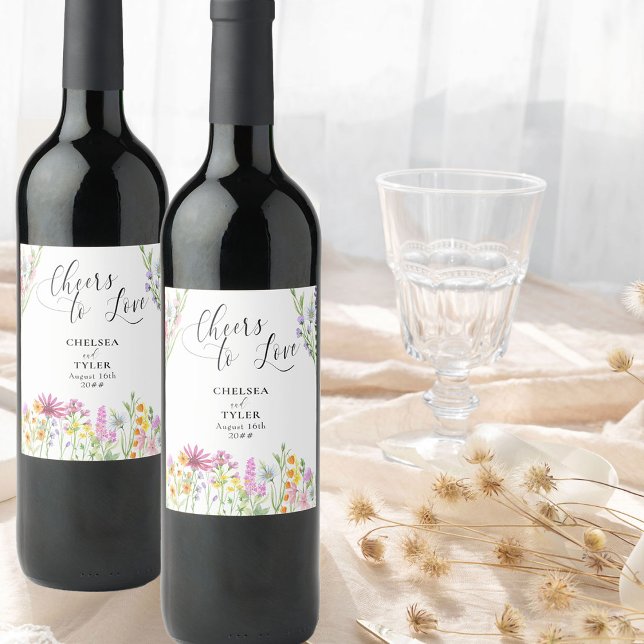 Cheers to Love Wildflower Meadow Wedding Wine Label (Say Cheers to Love with personalized wedding wine labels - great as gifts, at dinner or on the bar)