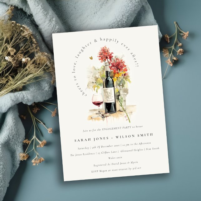 Cheers to Love Wine Red Yellow Floral Engagement Invitation (Creator Uploaded)