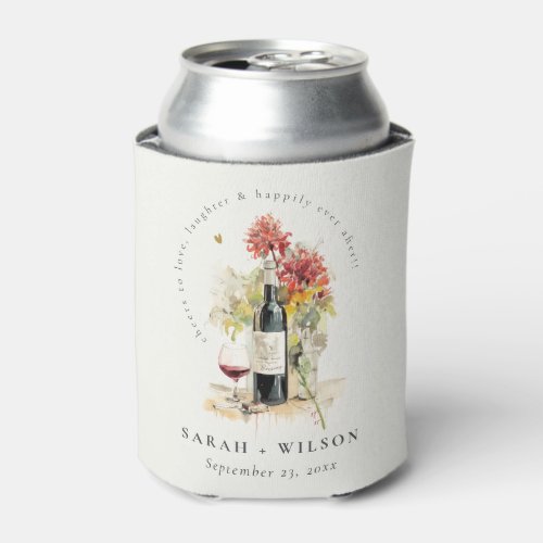 Cheers to Love Wine Red Yellow Floral Wedding Can Cooler