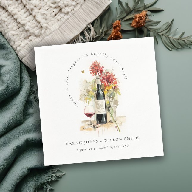 Cheers to Love Wine Red Yellow Floral Wedding Napkins (Creator Uploaded)