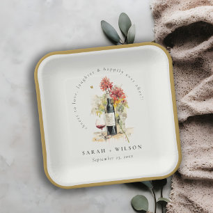 Cheers to Love Wine Red Yellow Floral Wedding Paper Plates