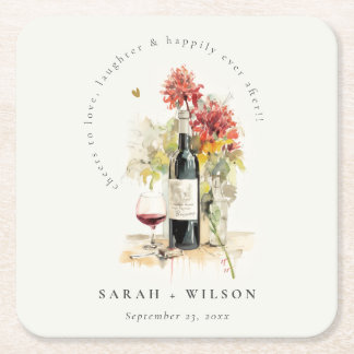 Cheers to Love Wine Red Yellow Floral Wedding Square Paper Coaster
