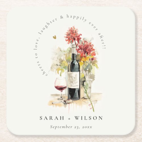 Cheers to Love Wine Red Yellow Floral Wedding Square Paper Coaster