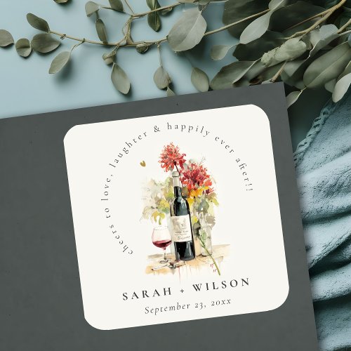 Cheers to Love Wine Red Yellow Floral Wedding Square Sticker