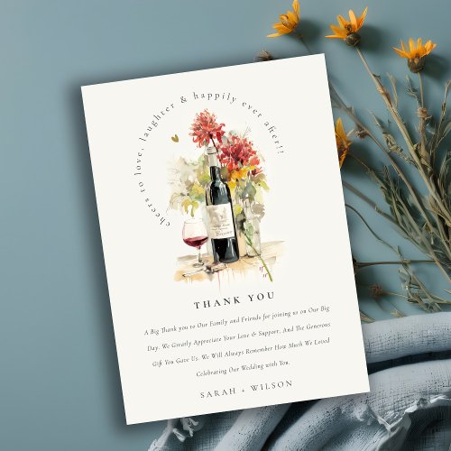 Cheers to Love Wine Red Yellow Floral Wedding Thank You Card