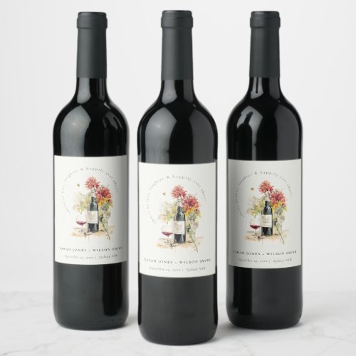 Cheers to Love Wine Red Yellow Floral Wedding Wine Label