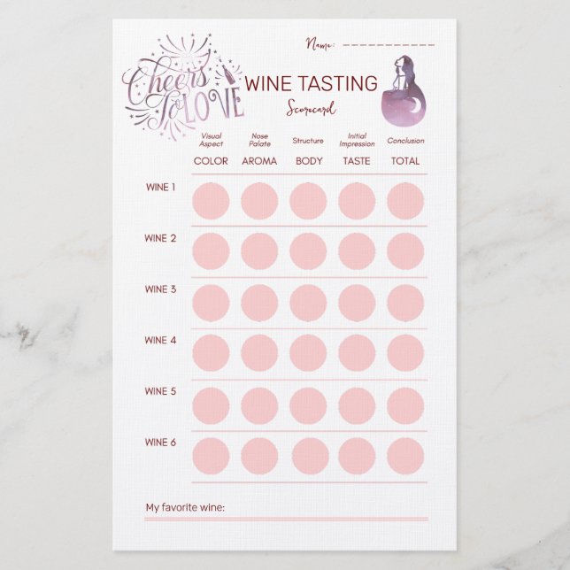 Cheers To Love Wine Tasting Scorecard Stationery (Front)