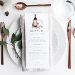 Cheers to Love Wine Themed Wedding Event or Shower Menu<br><div class="desc">Designed to match our Cheers to Love wine tasting invitations for bridal showers,  rehearsal dinners,  and engagement parties,  menus feature a bottle of burgundy red wine inscribed with the couple's initials on a bed of soft sage green watercolor foliage. Personalize with your event menu details in classic gray lettering.</div>