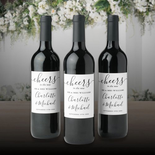 Cheers To Mr And Mrs Black Script Wedding Wine Label