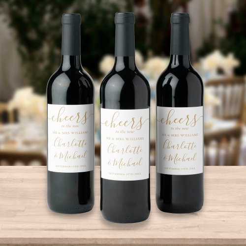 Cheers To Mr And Mrs Chic Gold Script Wedding Wine Label