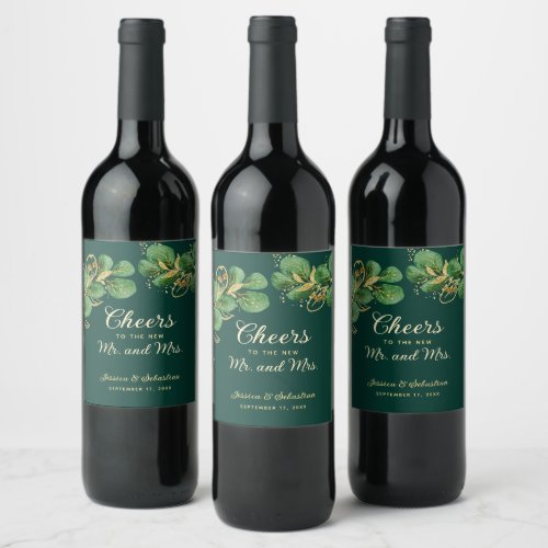 Cheers to Mr and Mrs Emerald Green  Gold Wedding Wine Label