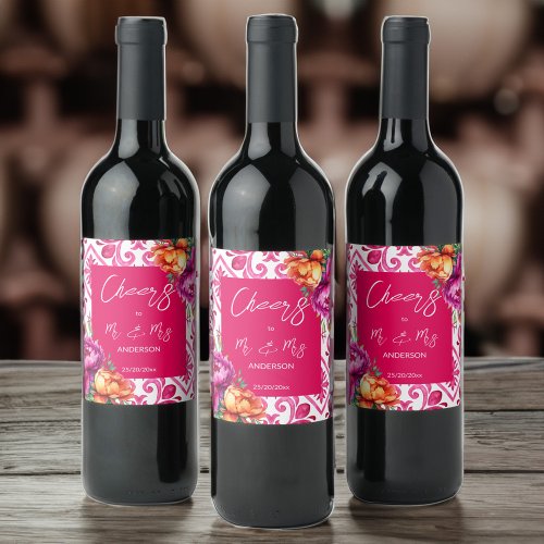 Cheers to mr and mrs fuchsia tiles orange peonies wine label