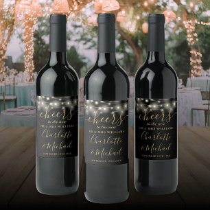 Cheers To Mr And Mrs Lights Black Gold Wedding Wine Label